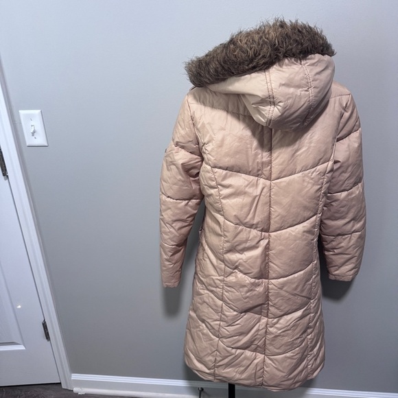 Steve Madden Long Puffer Coat Large Golden Tan Fur Hood Winter - Picture 3 of 6